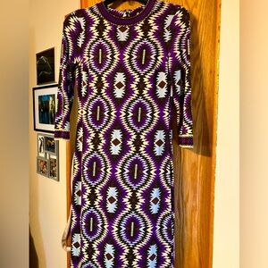 $375 Tory Burch retro purple print 3/4 sleeve dress. Gorgeous & like new Silk XS
